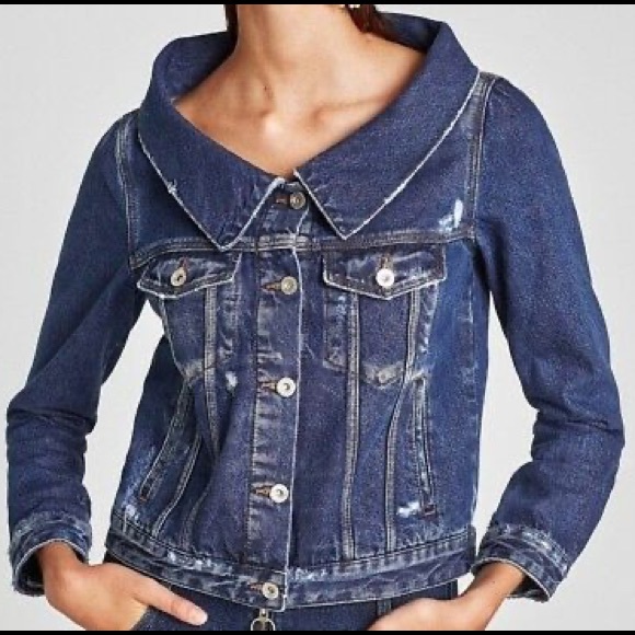 NWT Zara Distressed Boatneck Denim Jacket SZ Small - Picture 2 of 4